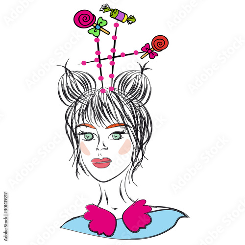Model with cute double hair buns and in fancy hat like    candies  lollipops