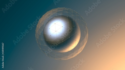Fototapeta Naklejka Na Ścianę i Meble -  Abstract bright metallic sphere in polygonal glass on light gradient background. 3D render