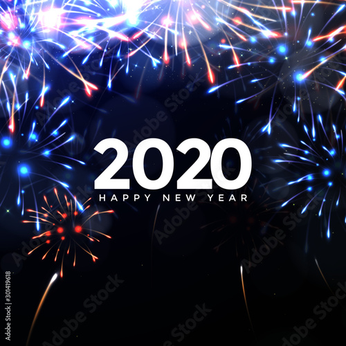 fireworks, Happy New Year 2020 logo text design. 2020 wishes, Happy New Year  2020, Celebrating 2020, card, banner. Vector illustration