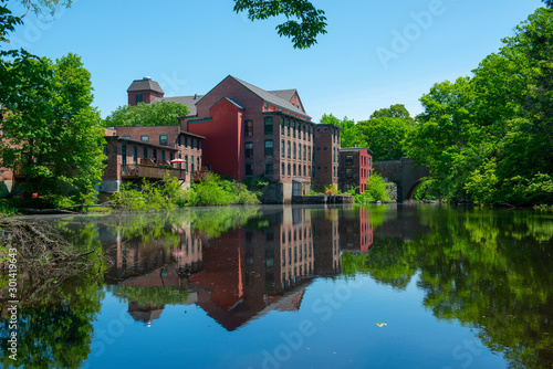 Sandford Mill on Charles River in Medway historic town center in summer, Medway, Boston Metro West area, Massachusetts, USA. photo