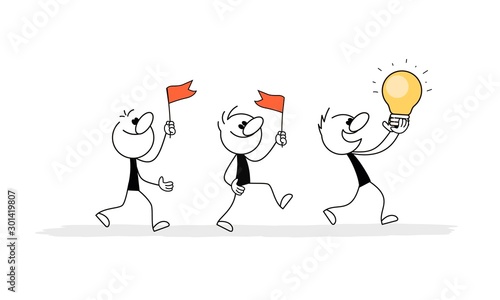 Doodle stick figure: Walking men with bulb and flags.