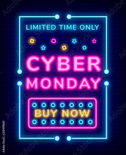 Limited time only cyber Monday neon board with frame. Poster or link by now with colorful lights. Electronic commerce and promotion technology. Special sale ad with glowing lamps on dark vector