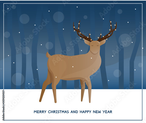 New Year and Christmas greeting card. Deer in the woods, garland. Vector illustration.