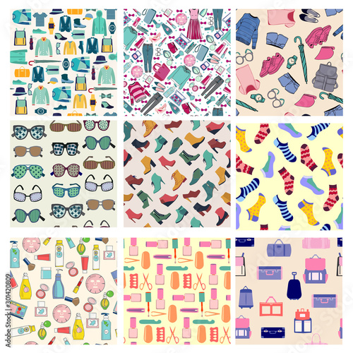 big set of fashion clothes and accessories seamless patterns