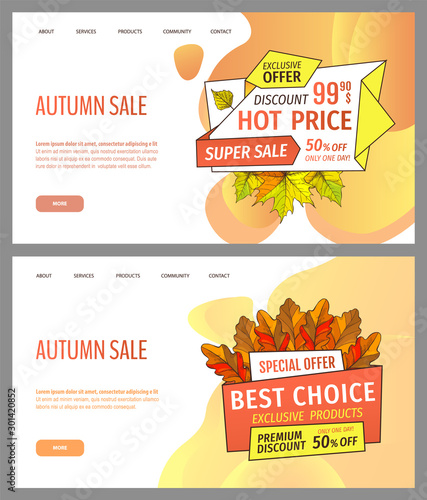Set of cards with seasonal proposition from store, vector. Shop sale in autumn. Autumnal offer discounts. Fall leaves with gold tags. Flyer hot price and lowered cost, promotion premium quality goods