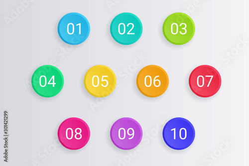 3d bullet point vector illustration set - isolated bright colorful round pointers with numbers from 1 to 10.