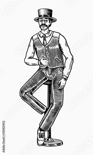 A man sits on a bar chair with glass of whiskey. Vintage Victorian Elegant gentleman with Strong Alcohol drink. Hand drawn engraved sketch for poster, badge.