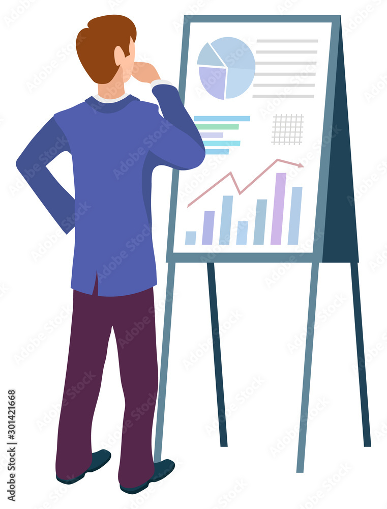 Challenge for businessman at work, isolated man confused scratching chin. Flat style character with whiteboard and stats with information data. Vector illustration in flat cartoon style Challenge for businessman at work, isolated man confused scratching chin. Flat style character with whiteboard and stats with information data. Vector illustration in flat cartoon style