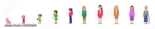 Woman Life Cycle Stages Set - Isolated On White Background. Woman Vector Illustration. Generations And Stages of Human Life Cycle. Human Body Growth From Newborn, Middle Age, Elderly And Old Persons