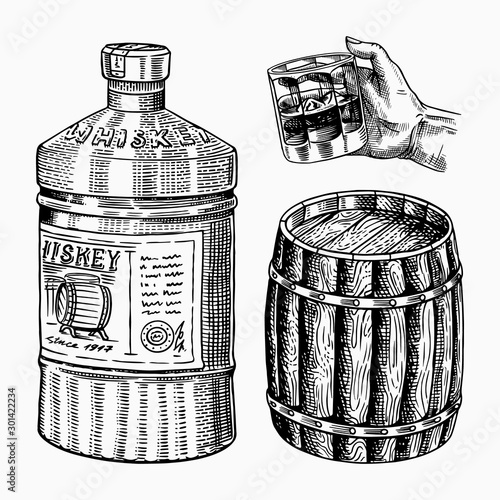 Vintage Whiskey barrel, Glass bottle for scotch Bourbon in hand for Cheers toast. Strong Alcohol drink. Wooden cask. Hand drawn engraved sketch for poster, badge. American symbols.