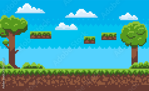 Landscape page of pixel game, green trees and bushes, cloudy sky, underground and grass, road with steps, adventure platform, nobody poster vector. Pixeleted background for video-game or app 8bit game photo
