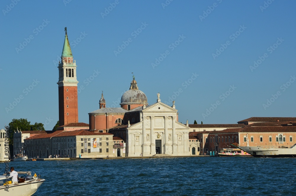 Venice (Italy). June 2019. Island San Giorgio Maggiore. Located directly opposite the Doge’s Palace and the Grand Canal. Cathedral designed by Andrea Palladio in 1555.