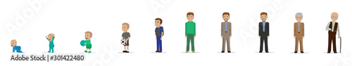 Man Life Cycle Stages Set - Isolated On White Background. Man Vector Illustration. Generations And Stages of Human Life Cycle. Human Body Growth From Newborn, Middle Age, Elderly And Old Persons