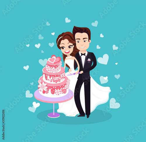 Man embracing woman, smiling groom and bride characters holding knife and cutting together holiday cake, portrait view of happy couple, wedding day. Vector illustration in flat cartoon style