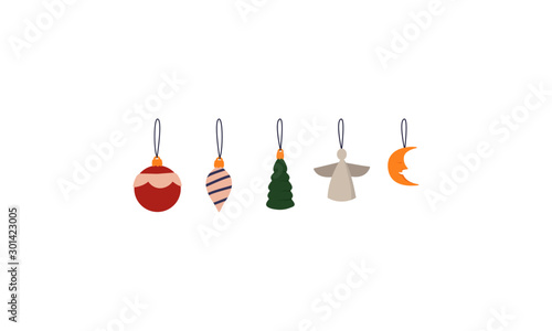 Christmas toys vector illustration. Hand drawn flat Christmas tree toys - balls, paper angel, moon. Winter holidays concept. Clip art.