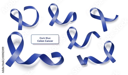 Set of dark blue curly ribbons and loops realistic style