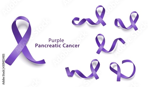 Collection of purple ribbons for pancreatic cancer research and awareness