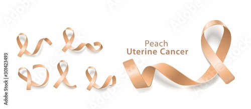 Collection of curved peach colored ribbons for leukemia awareness