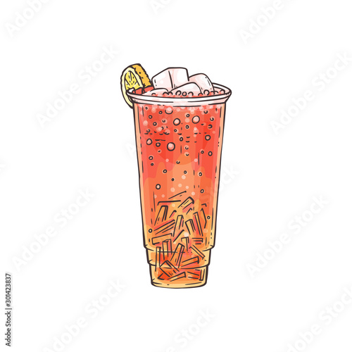 Iced tea drink with ice cubes and lemon slice topping
