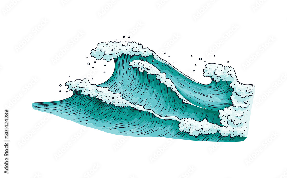 Stormy sea water wave drawing isolated on white background