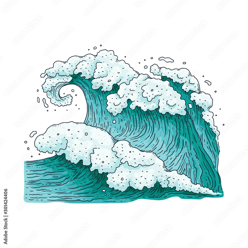 Big strong sea wave drawing teal blue ocean water splash with white