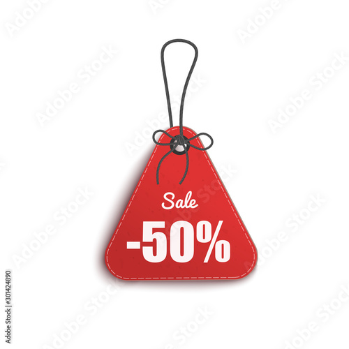 Realistic red price tag with black rope and 50% sale text