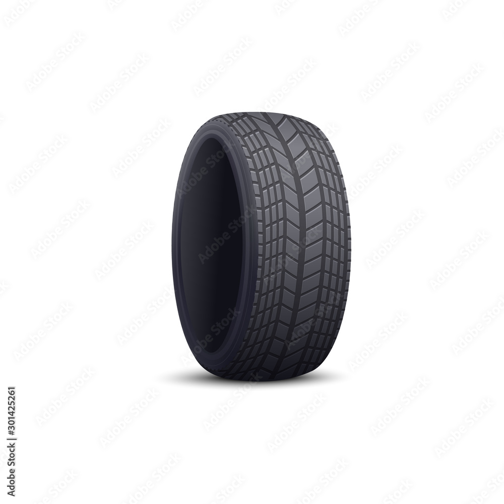 Obraz premium Black rubber car tire with realistic tread pattern isolated on white background