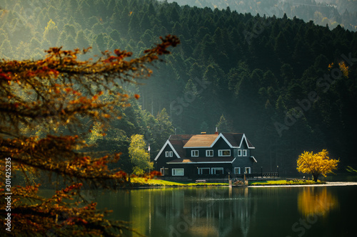 Golcuk National Park Bolu Turkey. Autumn wooden Lake house inside forest in Bolu Golcuk National Park, Turkey wallpaper