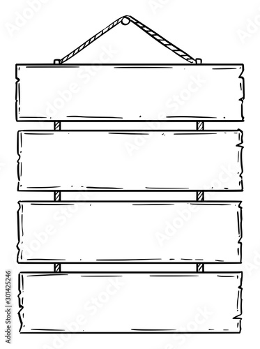 Vector black and white doodle hand drawing of four empty or blank wooden sign boards on rope. Advertising design.