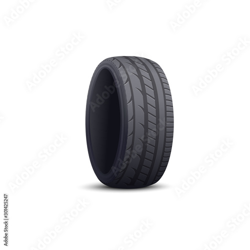 Realistic car tyre isolated on white background - black rubber wheel rim protector