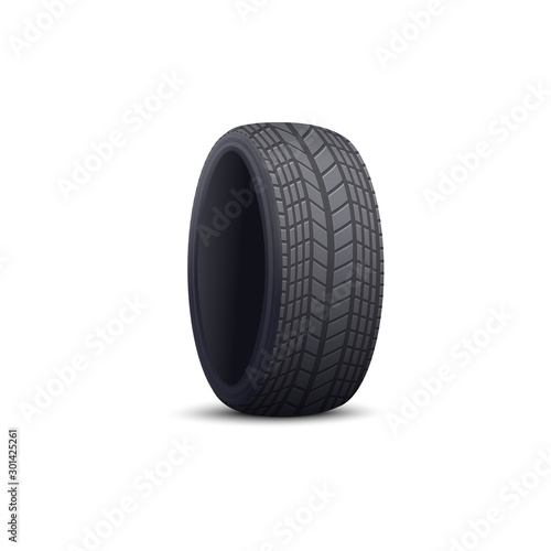 Black rubber car tire with realistic tread pattern isolated on white background