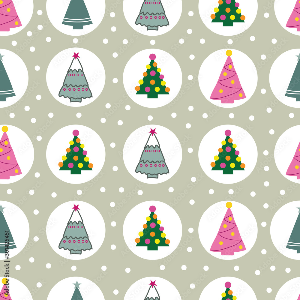 Colourful Christmas trees in white baubles with snowy background. Seamless pattern print background. Colourful Christmas trees in white baubles with snowy background. Seamless pattern print background.