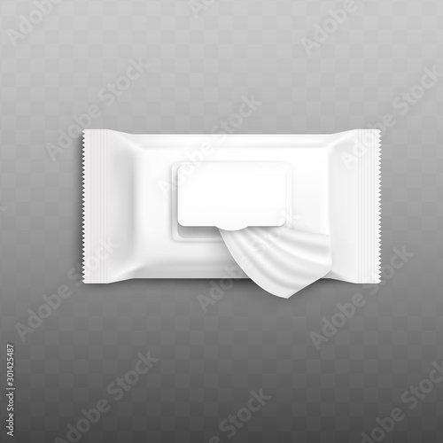 Wet wipes packaging mockup with open flap showing single napkin wipe.