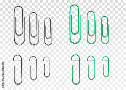 Realistic paperclip set in silver metal and green colors in different sizes