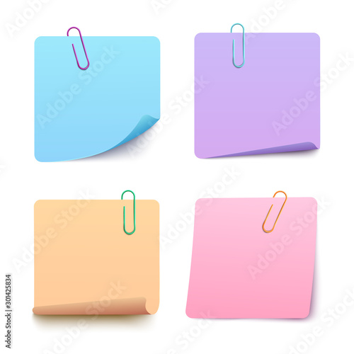 Colorful realistic sticky note set with metal paper clips