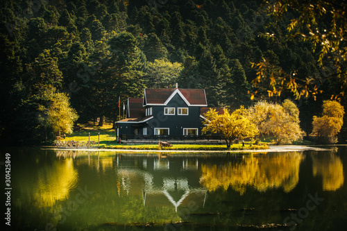 Golcuk National Park Bolu Turkey. Autumn wooden Lake house inside forest in Bolu Golcuk National Park, Turkey wallpaper