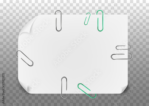 White note paper with paperclips realistic vector illustration isolated.