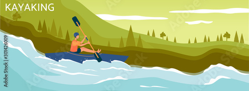 Boat and sportsman character on river background, flat vector illustration.