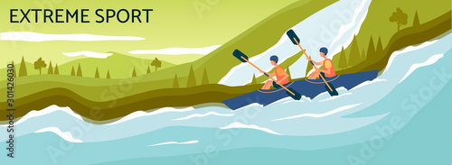 Extreme sport banner - cartoon people kayaking in strong river stream and rowing with paddles.