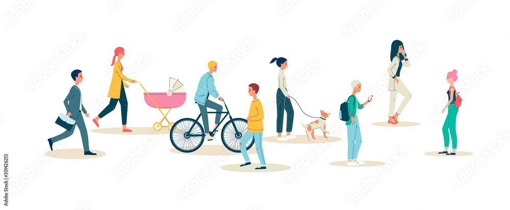 Crowd of diverse urban people walk on street flat vector illustration isolated. Crowd of diverse urban people walk on street flat vector illustration isolated.