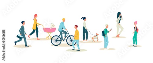 Crowd of diverse urban people walk on street flat vector illustration isolated.
