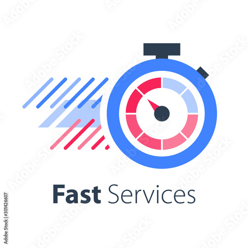 Red stopwatch in motion, fast services, running time, timely delivery