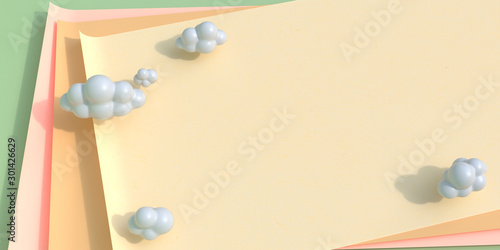 Simple shaped clouds floating above pastel colored paper. 3D render. photo