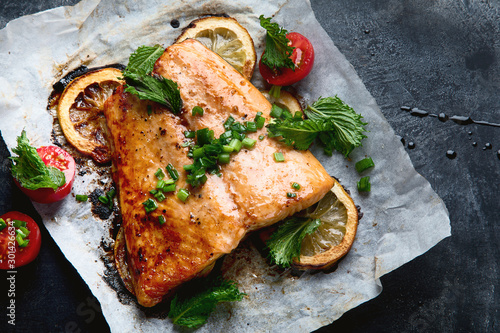 Photography Grilled Salmon with lemon and herb