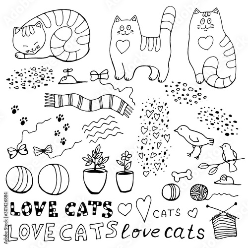 Set of cats and Doodle elements: mice, hearts, footprints, balls, ball, knitting, scarf, birds, home flowers, bows, bone, dots and inscriptions love cats. Isolated on white background, hand drawn