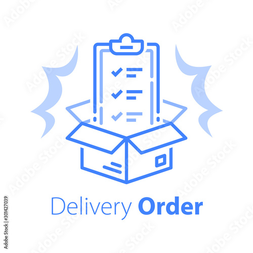 Delivery services, terms and conditions, clipboard and open box, shipment check list