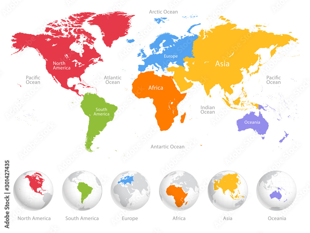 Fototapeta premium Mapa świata podzielona na sześć kontynentów. Każdy kontynent w innym kolorze. Proste, płaskie wektor ilustracja
