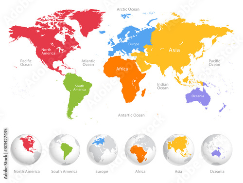 Mapa świata podzielona na sześć kontynentów. Każdy kontynent w innym kolorze. Prosta płaska wektorowa ilustracja
