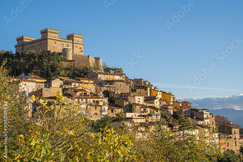 Cityscape with medieval castel Piccolomini at Celano in Abruzzo, Italy