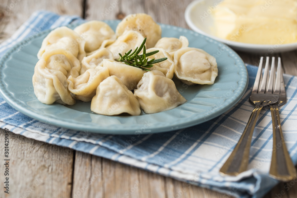 Dumplings stuffed with meat, ravioli, pierogi. Dumplings with stuffing. Russian cuisine. Dumplings stuffed with meat, ravioli, pierogi. Dumplings with stuffing. Russian cuisine.